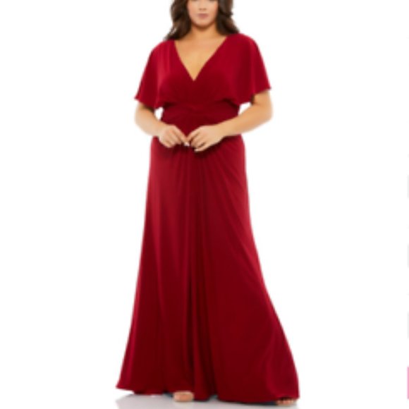 MAC DUGGAL 67916 CAP SLEEVE TWIST WAIST JERSEY DEEP RED GOWN sz 20W